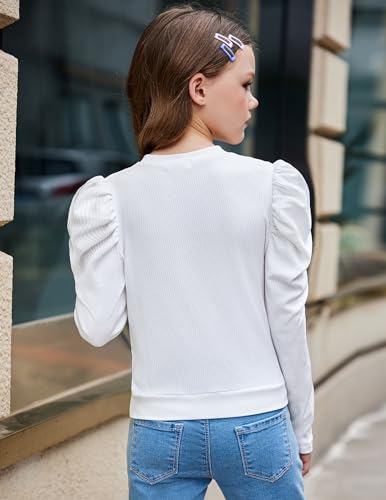 Image of Arshiner Girls Puff Long Sleeve Shirts Twist Front Ribbed Knit T Shirt Crop Tops Tee Blouse