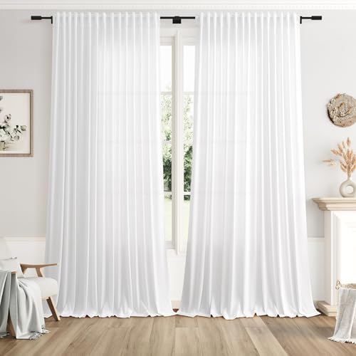 Image of Nanspring Extra Wide White Linen Curtains W100xL102 Inch Back Tab