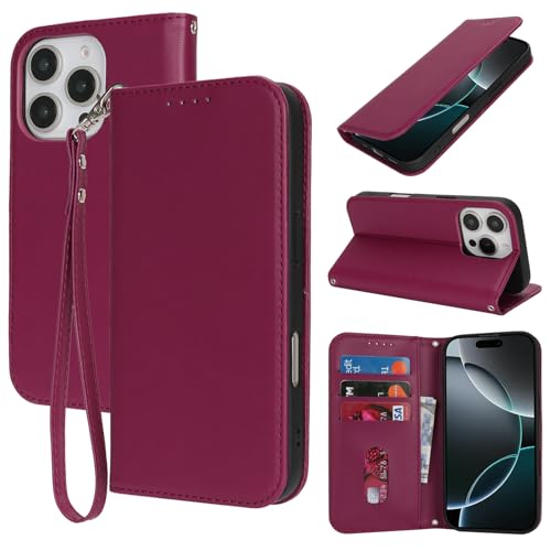 Jaorty for iPhone 16 Pro 5G Phone Case Wallet with Strap,6.3",Dark Red - image 1