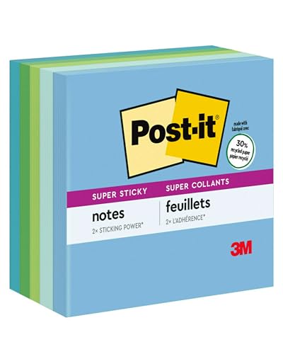 Image of Post-it Recycled Super Sticky Notes, 3 in x 3 in, Bora Bora Collection, 5 Pads /Pack, 90 Sheets /Pad (654-5SST)