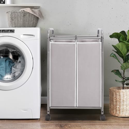 Image of STORAGE MANIAC Laundry Sorter 2 Section, 90 L Gal Laundry Hamper with Wheels, Clothes Basket Separator Sorter, 2 Bag Rolling Cart and Removable Bags for Closet, Dorm, Collage, Grey