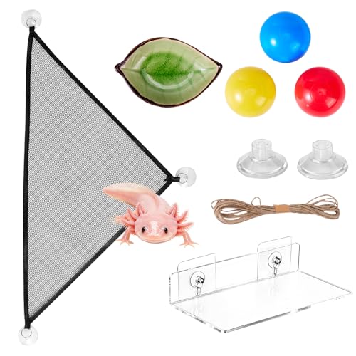 Swirge 3 in 1 Axolotl Habitat Enrichment Set Mesh Resting Hammock Clear Feeding Platform with Suction Cups Ceramic Dish Floating Toy Balls Axolotl Tank Decor Accessories