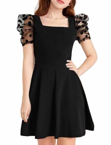 Big Girls Dresses Square Neck Princess Polka Dot Mesh Puff Sleeves High Waist A Line Party Dress for 8-14 Years2