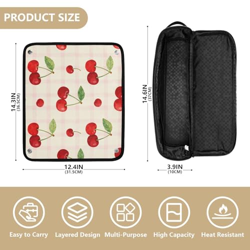 Bolso de viaje para herramientas de cabello para mujer con tapete térmico removible resistente al calor, impermeable, organizador de viaje para planchas, rizadores y secadores de cabello, con diseño de cereza fresca y patrón rosa a cuadros miniatura 4