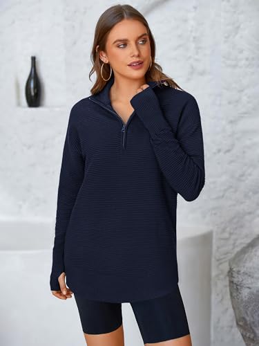 Image of PRETTYGARDEN Womens Long Sleeve Quarter Zip Pullover Sweater | Casual Loose V Neck Sweaters with Thumb Hole, Collared Ribbed Knit Jumper Tops, Oversized Tunic Tops, Fall Outfits 2026