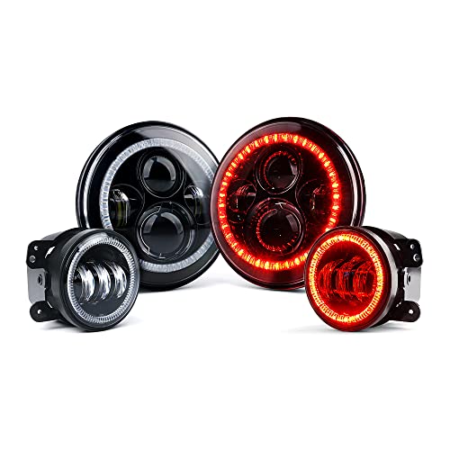 Image of 7 inch LED Headlights & 4 inch Fog Lights w /R Halo Compatible with 07-18 Jeep JK | Aluminum Base, PC Lens, IP67 Waterproof, Dot Approved, Plug N Play