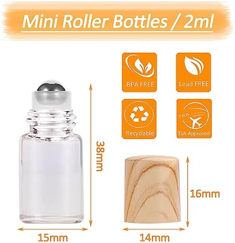 Apstaqeoo 12Pcs, 2Ml Essential Oils Roll on Bottles Empty Clear Glass Roller Bottles with Stainless Steel Roller Ball & Plastic Wood Grain Cap Opener Pipette Perfect for Fragrance Aromatherapy