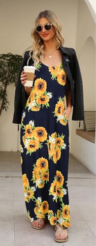 Image of Supnier Women's Summer Maxi Dress Casual V-Neck Sleeveless Bohemian Spaghetti Strap Floral Long Maxi Dress with Pockets