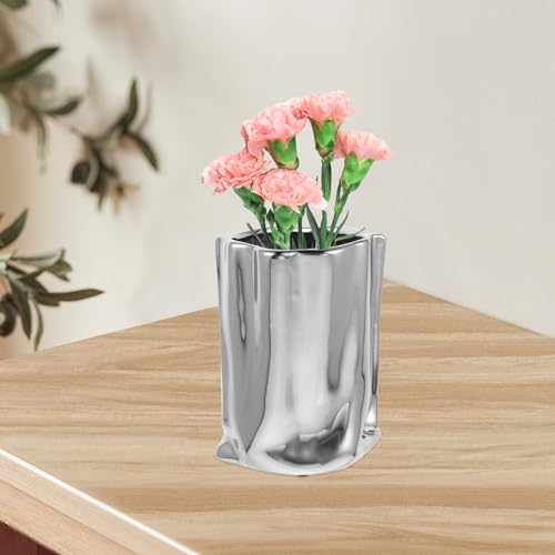 Vase en céramique argenté petit format stable pour fleur séchée