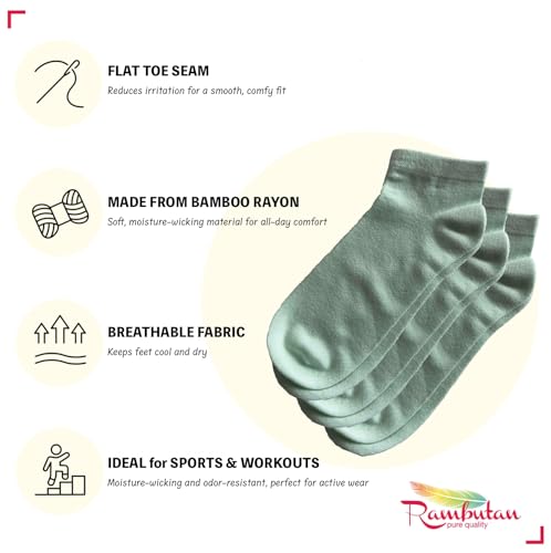 Image of Rambutan Comfort Seam Bamboo Ankle Socks - Soft Socks for School & Daily Wear, Youth & Adult Sizes (3 Pack)