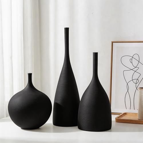 Relexome Ceramic Vase Set of 3 Neutral Vases Home Decor Modern Minimalist Decorative Vase Matte Ribbed Vases for Centerpieces Living Room Shelf Entryway Table Decor Black by Relexome - Used condition - Image 5