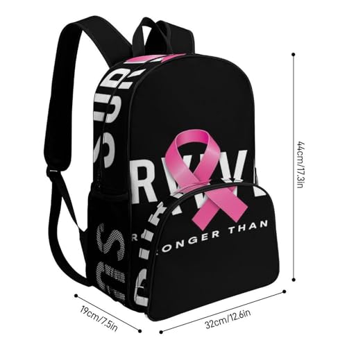 Large Capacity Breast Cancer Survivor Pink Ribbon Black Backpack for Travel Work College, Compartment Bag with Side Pockets, Daypack for Women Men2