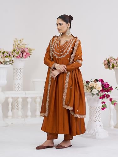 Image of MOKOSH Women's Silk Embroidery Anarkali Kurta Pant with Dupatta | Women's Anarkali Kurta Set | 3 Piece Ethnic Outfit with Dupatta | Round Neck Full Sleeve