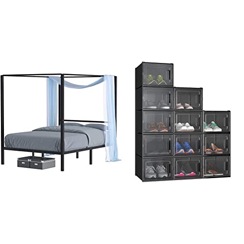 Yitahome Queen Upholstered Wingback Platform Bed With Gray Velvet Headboard And Wooden Slat & Set Of 12 Xl Shoe Box Storage Organizers- Black #TOP13