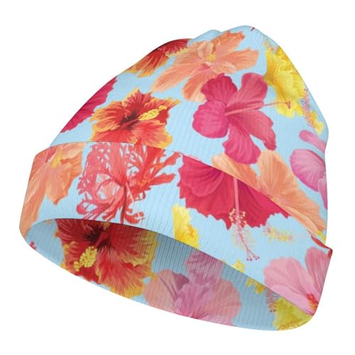 Hibiscus Flowers Pattern Kids Beanie Hat for for Girls Boys Children Cap Winter Knitted Chemo Cancer Headwear Accessories Gifts Decoration Black