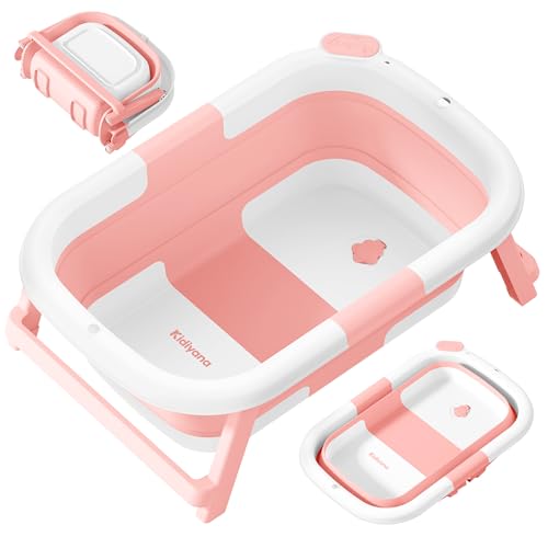 Kidiyana Bañera Plegable para Bebés con Soporte, Estable y Antideslizante, Plegable para Ahorrar Espacio, con Desagüe, PP y TPE, 30 L, Bañera Compacta y Portátil, Bañera Plegable, 0-3 años