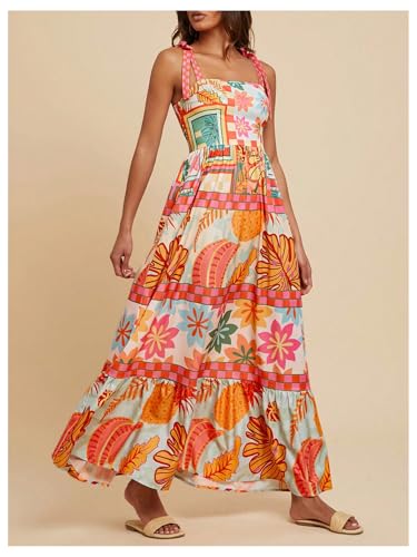 Image of WDIRARA Women's Boho Floral Sleeveless Ruffle Maxi Dress Tropical Graphic Tie Shoulder Smocked Cami Dresses