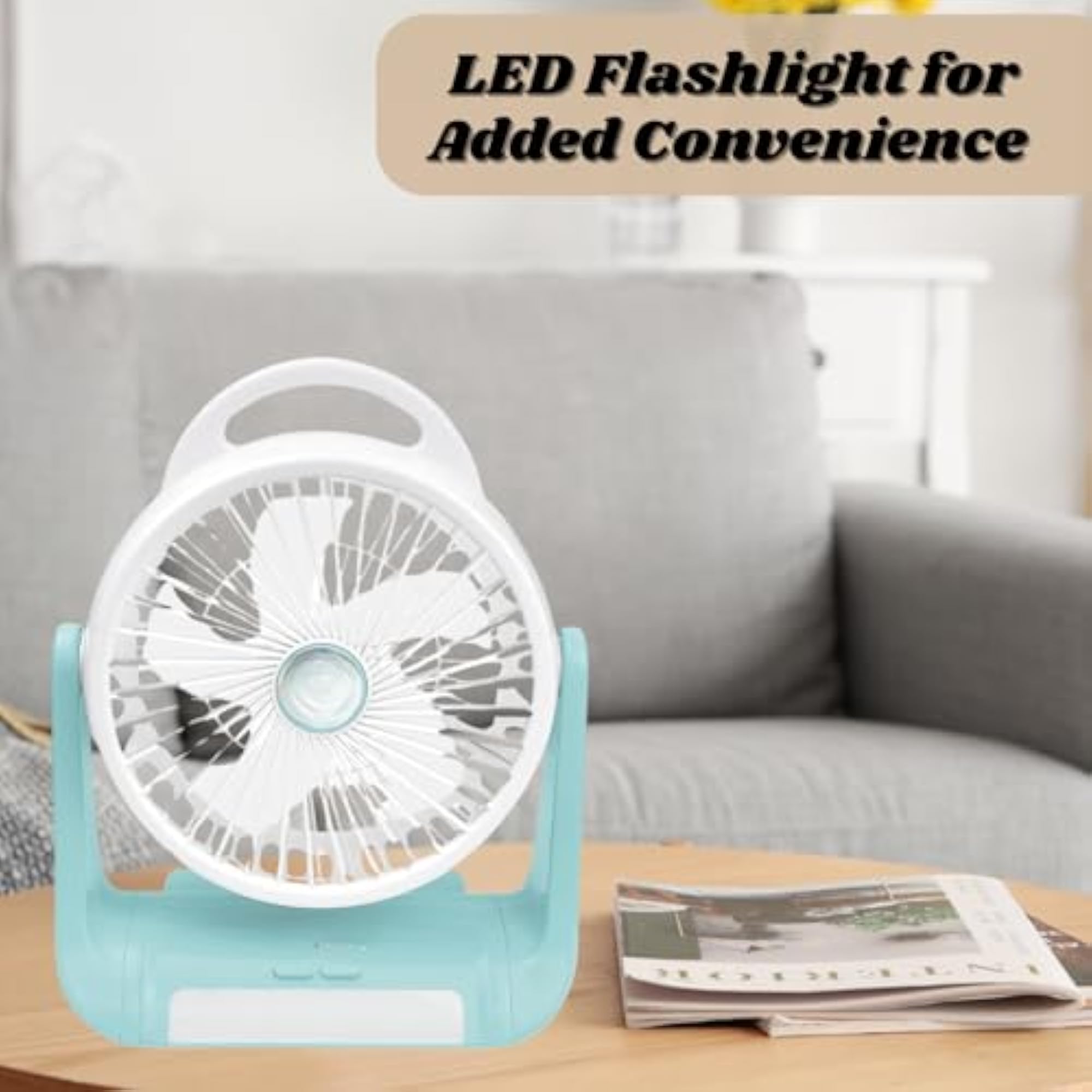 Rechargeable 3000mAh Table Fan with LED Flashlight and 180° Rotation