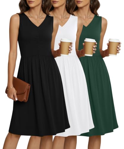 Image of NILOUFO Sleeveless Dress for Women Summer Knee Length Sundress with Pockets | Sundresses for Women Tank Empire Waist Sun Dress Cold Shoulder Casual V Neck Midi Dress Flowy Summer Dresses for Women