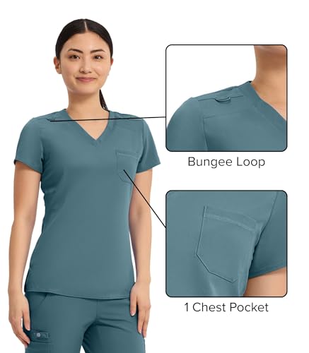 Image of Med Couture Women's V-Neck Scrub Top, Modern Fit Tuck-in Top with Stretchy Rib-Knit Shoulders and Chest Pocket - MC7448
