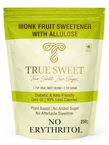 Image of True Sweet Co. : Monk Fruit Sweetener without Erythritol | No Erythritol | Allulose Sweetener | Sugar Replacer | Zero Calorie, Keto & Diabetes Friendly | for Beverages, Baking & Desserts | 250g