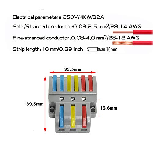Compact Wire Connectors, CTRICALVER 6 pcs Compact Splicing Connectors, Lever Nut Assortment Conductor, 3 In 6 Out Electrical Connectors Blocks with 18 pcs screws