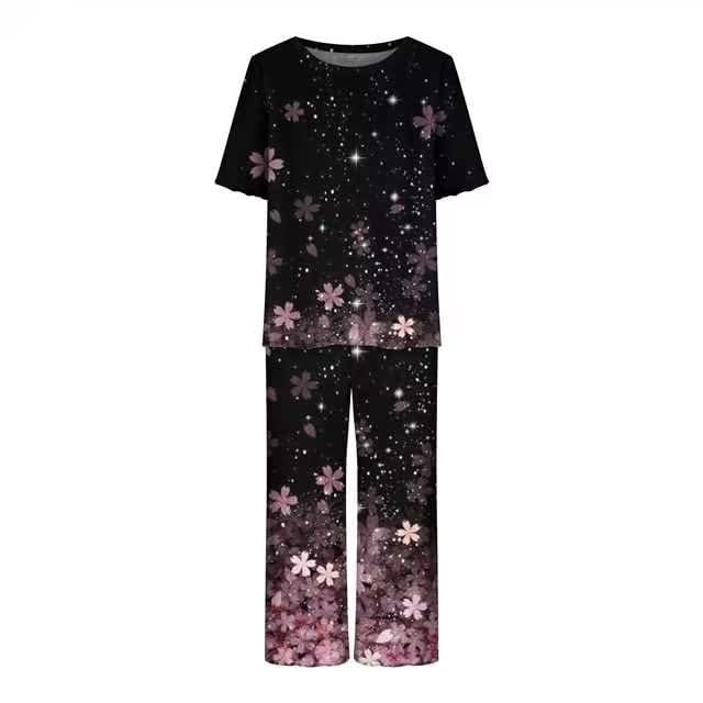 Pyjamas-Femmes-Ensembles-De-Pyjama-Femme-Sleepwear-T-Shirt-Manche-Courte-Pantalon-34-Coupe-Ample-ImprimeCouleur-Unie-Tenue-De-Nuit-Chic-Elegant-pour-Femme-Lingerie
