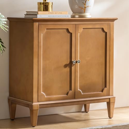 Image of Accent Storage Cabinet with Adjustable Shelf, 2-Doors Transitional Sideboard Buffet with Solid Wood Legs & Vintage Metal Knobs for Living Room or Kitchen, Hallway, Teak