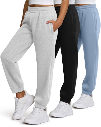 PURE CHAMP Girls Sweatpants 3 Pack Fleece Athletic Joggers, Teen Sweat Pants with Zipper Pockets and Drawstring Size 4-16(Set 1 Size 14/16)