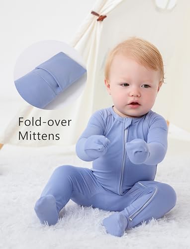 JunNeng Viscose from Bamboo Baby Sleeper,Newborn Footie Pajamas with 2 Way Zipper & Fold Over Mittens,0-12M4