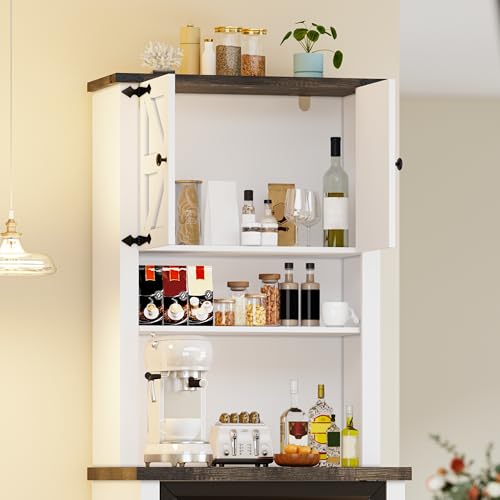 Image of 73'' Tall Mini Fridge Cabinet with Storage Hutch, Farmhouse Coffee Bar with Mini Fridge Space, Wine Bar Cabinet for Kitchen, Dining Room, Living Room
