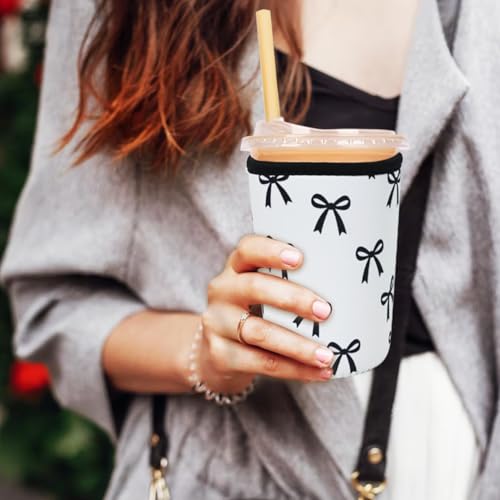 Image of Reusable Insulated Neoprene Iced Coffee Cup Sleeve, Durable Drink Sleeve for Cold Beverages, Beverage Holder for Iced Coffee, Black Bow