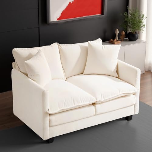 50″ Loveseat Sofa Small Cloud Couch | Mini Chenille Love Seat Couches with 2 Pillows | 27.16″ Deep Seat for Small Spaces Bedroom Dorm Apartment | Beige