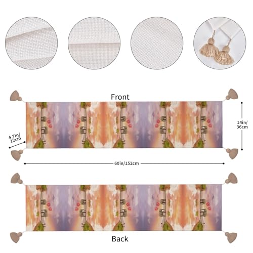 Chemin de table macramé bohème beige avec pompons déco table salle à manger et mariage