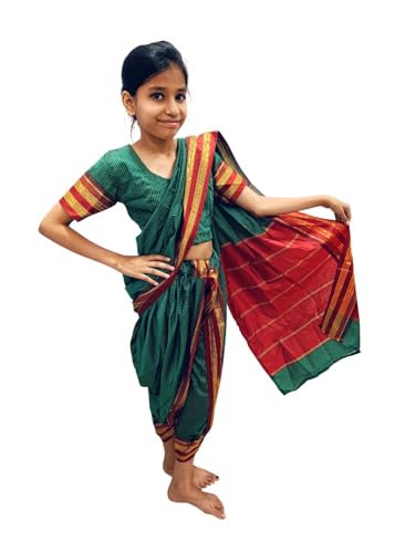Image of BookMyCostume Traditional Marathi Dress for Girls|Dark Green Nauvari Saree for Kids with Blouse|Fisherwoman Costume for Kids|Indian Cultural State Dress| 7-8 Years