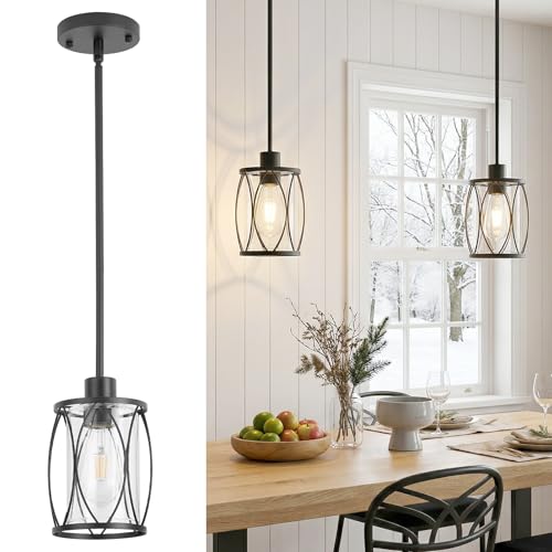 Image of Glass Pendant Lights Kitchen Island Black, 2 Pack | Pendant Light Fixtures Adjustable Farmhouse Mini Hanging Light with Clear Glass for Sink Dining Room Foyer Entryway