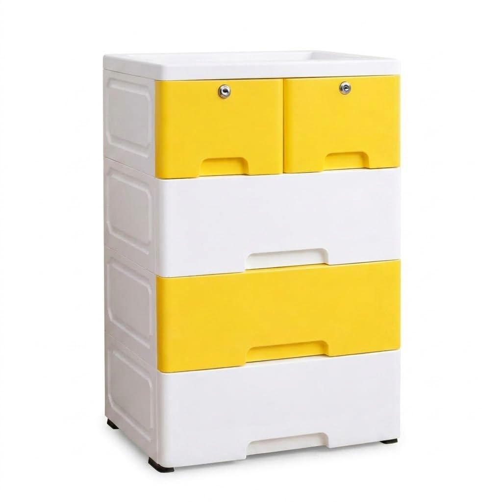 The Tickle Toe 5-Drawer Plastic Chest for Kids | Yellow White Storage Organizer with Locks | Portable Dresser Cabinet for Toys & Clothes | 44L x 28.5W x 67H cm-image-16