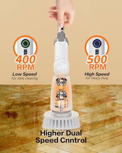 Image of 500RPM /S Multi Function Electric Spin Scrubber for Cleaning Bathroom Floor,Upgraded IPX7 Waterproof Shower Scrubber with Power LCD Display Cordless Tub Tile Scrubber (Grey)
