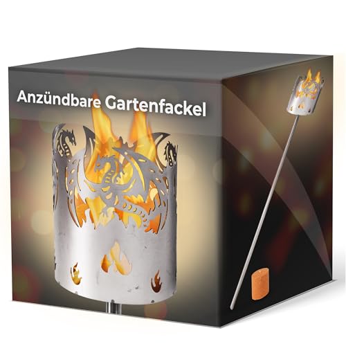 Gartenfackel für draußen Motiv Drache 1x Brennelement - Holzspäne mit Wachs - Schwedenfackel Pelletfackel Feuersäule Flammschalen Wachsfackel Gartenleuchte