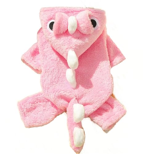 AttRex かわいい 犬猫用 恐竜 コスチューム 秋冬 ペット服 ロンパース つなぎ フード付き ドッグウェア パーカー 暖かい 防寒 小型犬 中型犬 ふわふわ 四つの足 洋服 抜け毛防止 お出かけ 散歩 (2XL,ピンク)