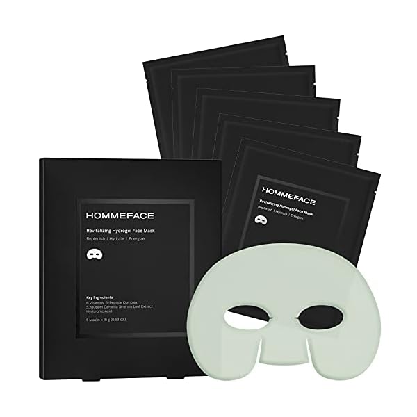 HommeFace Revitalizing Hydrogel Facial Mask Set for Men (5ct) - Hydrating, Anti-aging & Soothing Face Sheet Mask with Hyaluronic Acid, Vitamin B, C, E & Peptides, Beard-Friendly