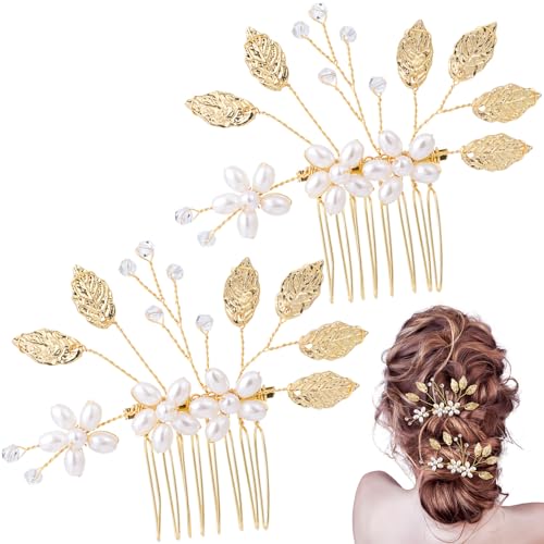 PAGOW 2 Pcs Gold Leaf Hair Combs, Pearl Hair Comb Clips, Hair Side Comb Clips, Crystal Wedding Headpiece Accessories For Women, Bride, Bridesmaid (2.95 x 3.15 inch)