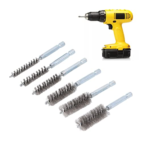 Image of 6-Piece Bore Cleaning Brush Set With 1 /4in Hex Shank for Electric Drill Impact Driver (Steel Wire, Silver)