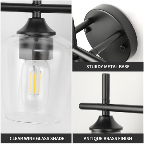 Image of foucasal Bathroom Vanity Light Fixtures, 3-Lights Modern Black Vanity Lighting with Clear Wine Glass Shade, Bathroom Lights Over Mirror, Wall Lamp for Bedroom, Hallway, Living Room, Restroom