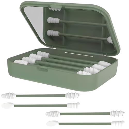 AEKZOX Lote de 4 Bastoncillos Reutilizables de Silicona para Limpieza de Oídos Bebé y Adulto, Bastoncillos Lavables para Maquillaje con Estuche y Espejo
