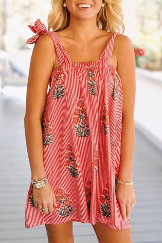 Image of Women Floral Tie Shoulder Mini Dress Cute Square Neck Loose Fit Beach Short Dress Backless Boho Vocation Sundress