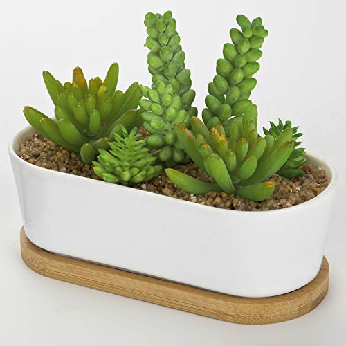 MyGift - Planta artificial suculenta en maceta ovalada de cerámica blanca con bandeja de bambú