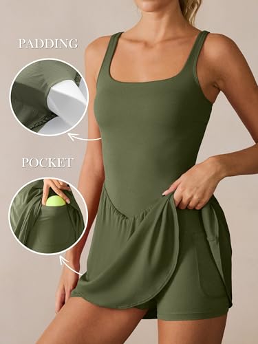 Image of Caracilia Women Tennis Golf Dress with Pocket | Square Neck 2 Layers Hem, Built in Shorts and Bra, Workout Athletic Active Gym, Summer Clothes