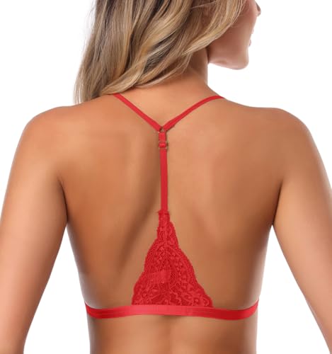 Image of SHEKINI Women's Embroidered Triangle Bra Front Closure Plunge Wireless Lightly Lined Lace Bralette Top