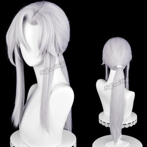 Image of Half and Half Long Silver White Anime Vam-pire Ponytail Wig with Side Part Bangs for Ferid Cospaly Light Gray White Male Wigs for Men Women Halloween Party